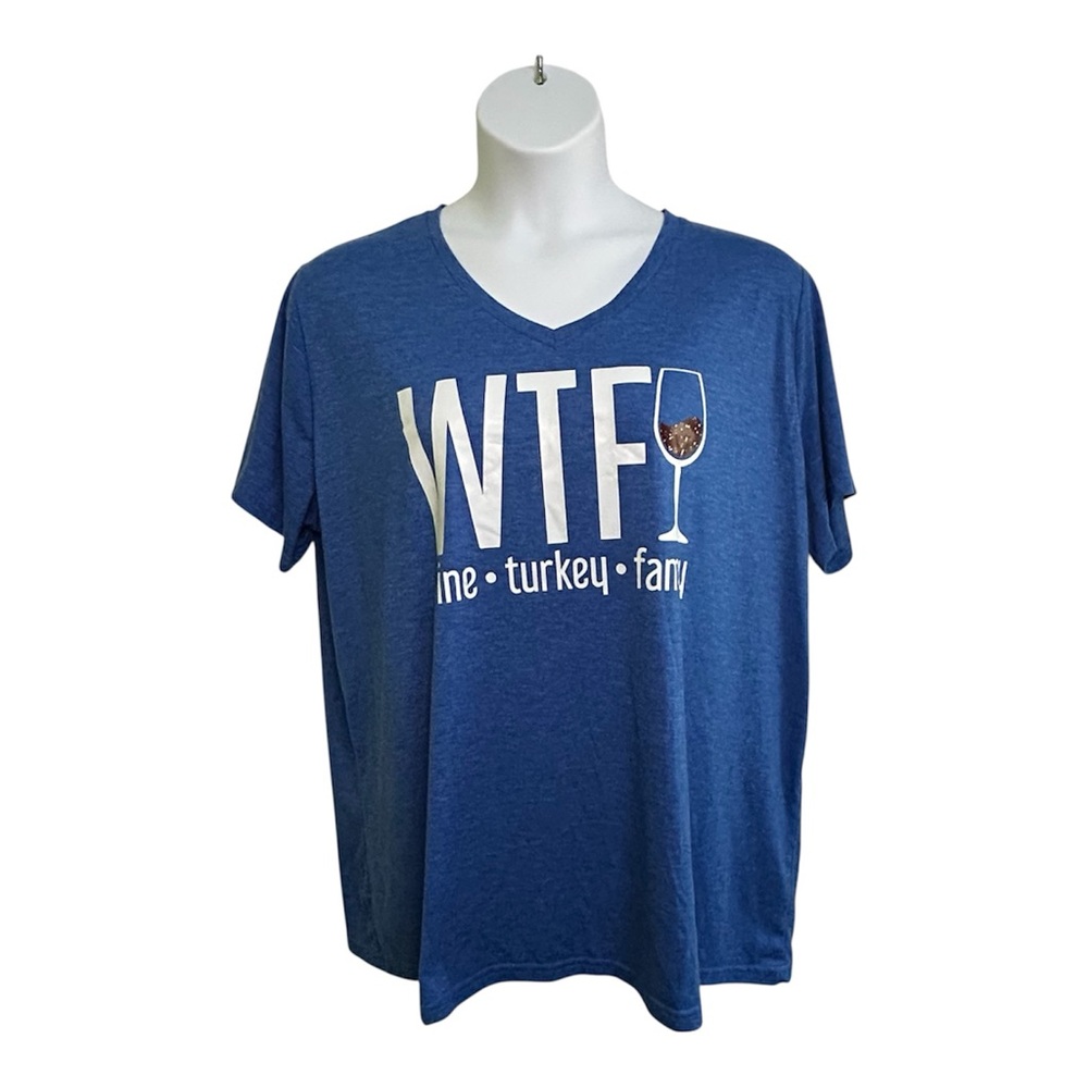Blue Graphic T-Shirt with Wine Turkey Family Print Women’s V-Neck White Sz 4XL